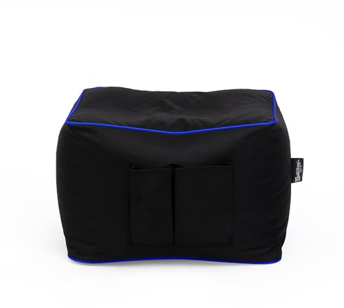 BuBiBag Sitzsack Hocker Rechteckig gefüllt 35x50x40 cm – Gaming Sitzwürfel mit Seitentaschen – Robuster Fußhocker Indoor & Outdoor – Schwarz mit farbigem Rand (10 Farben) (Schwarz - Blau)