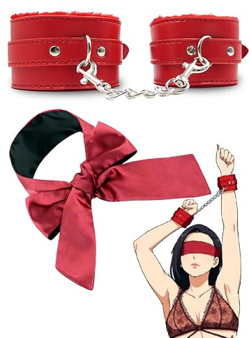 Fluffy Handcuffs for Grownups Bedroom, Adjustable Padded Handcuffs with Chain, Satin Eye Mask for Women 59 Plush Wrist Red Set