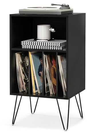 COSTWAY Record Player Stand, Wooden Turntable Stand End Sofa Side Table with 5 Shelves for 150 Albums, Metal Legs Vinyl Record Storage Cabinet Holder for Living Room Bedroom (Black)