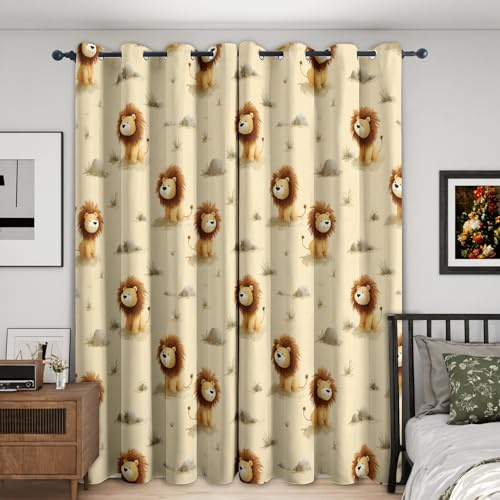 Generisch Vorhänge Schlafzimmer Cartoon Löwe Motiv, Süß Tiere Kinderzimmer Blickdichte Gardinen Wohnzimmer Deko, 2er Set H 160 x B 140, Thermo Verdunklungsvorhänge mit Ösen RD149