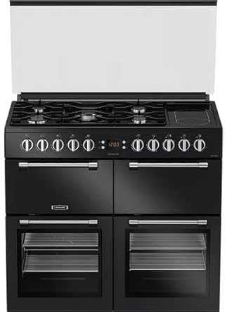 CC100F521K 100cm Dual Fuel Range Cooker, 5 Burner Gas Hob, Double Electric Oven, Grill, Black, Large Family Cooker