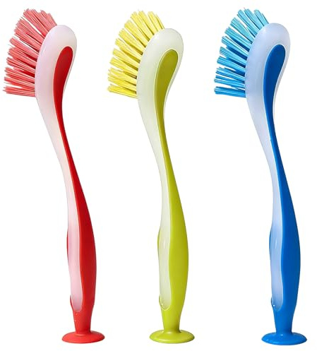 3-Piece Dishwashing Brush Set, Kitchen Dishwashing Brush | Set With Suction Cup Holder, Long Handle, Soft Anti-Scratch Bristles, Comfortable Grip, Suitable for Home Use in
