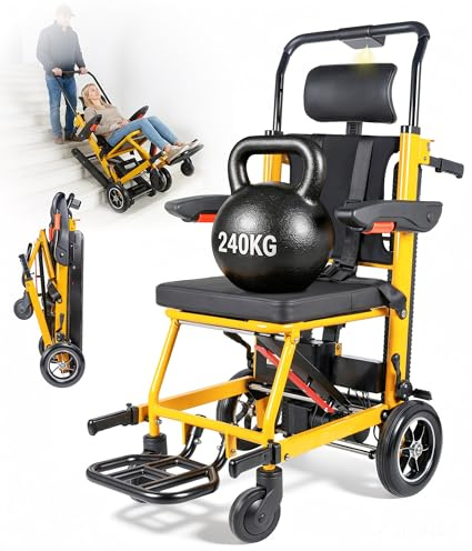3 in 1 Elektrischer Treppensteiger Rollstuhl Faltbar, Elektro Treppenfahrstuhl, Faltbarer Elektrorollstuhl Treppenlift für Senioren, 240kg Tragkraft & 300W Motor, Sicherheitsgurte (Gelb)