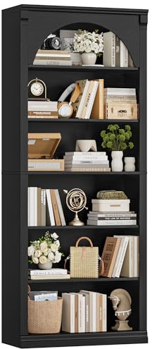 FirFurd Bücherregal 75 cm breit Gewölbter Bücherschrank Vitrinenschrank | Ragal mit 6 Fächern, Aufbewahrungsregal für Wohnzimmer Arbeitszimmer Küche, 75 x 28 x 186 cm, schwarz
