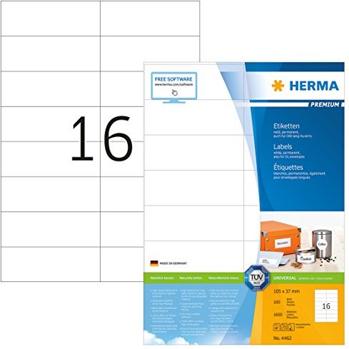 HERMA 4462 Adressetiketten, 100 Blatt, 105 x 37 mm, 16 pro A4 Bogen, 1600 Stück, selbstklebend, bedruckbar, matt, blanko Papier Adressaufkleber Etiketten, weiß