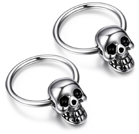 JewelryWe Schmuck Herren Damen Creolen Ohrringe mit Totenkopf Schädel Anhänger, Edelstahl Ohrstecker Ohrpiercing Silber Gold Schwarz Halloween Geschenk