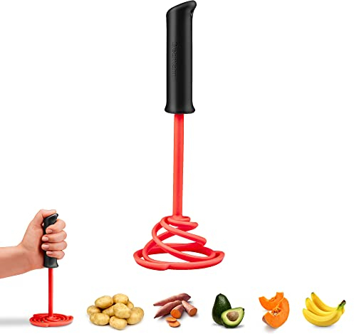 Dreamfarm Smood Lite | One-Handed Press Vegetable & Potato Masher with Soft Grip and Bowl Scraper | Nylon | Red