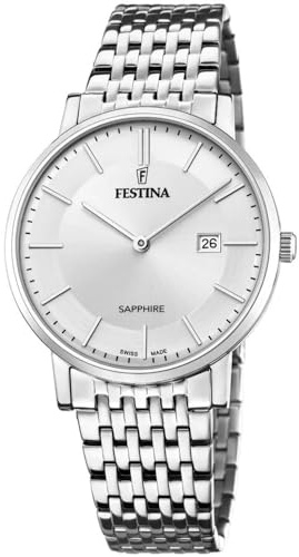 Festina Swiss Made Reloj Hombre Analógico de Acero Inoxidable 316l Plateado - Movimiento de Cuarzo - Calendario - Cristal Zafiro de Alta Resistencia - Resistente al Agua 5 ATM F20018/1 Classic Steel