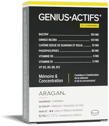 Geniusactifs - Mémoire & Concentration - Ginkgo Biloba, Vitamines, Cafeine, Guarana & Vitamines - 30 comprimés - Aragan - 15 Jours De Prise