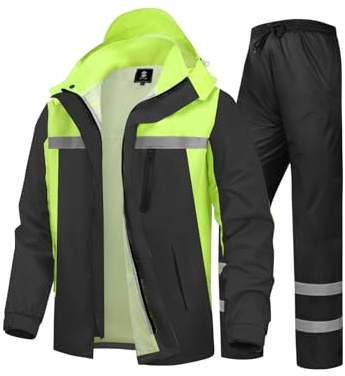 SaphiRose Men's Rain Suit High Visibility Reflective Work Rain Jacket Pants for All Sport Farm Fishing Motorcycle (Black/Green,X-Large)