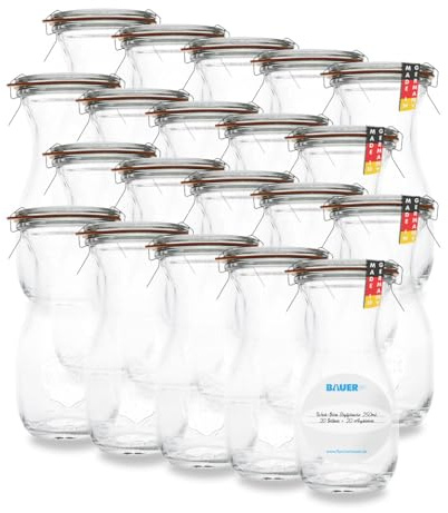 WECK 20er-Pack 250ml Saftflasche Set - 1/4L Glasflaschen - Ideal für Liköre, Säfte, Dressings & Saucen, Flaschen mit Deckel und Dichtung - Inklusive Etikett - Made in Germany