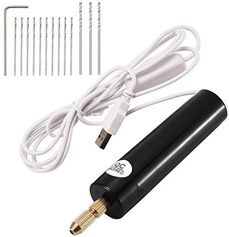 Faderr Juego de mini taladro de mano eléctrico de 0,7 a 1,2 mm para resina, taladro eléctrico USB para hacer joyas, kit de tornillo de banco eléctrico con 13 brocas (negro)