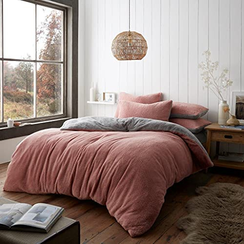 GC GAVENO CAVAILIA Luxury Teddy Fleece Duvet Cover with Pillowcases, Thermal Warm Fluffy Reversible Bedding Set Double, Blush Pink/Grey