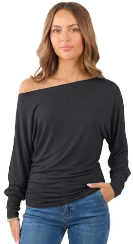 Crazy Girls Womens Long Sleeve One Off-Shoulder Plain Baggy Batwing Top UK8-24 (12-14, Black Plain)