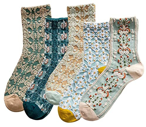 DXYAKY 5 Paia di Calzini da Donna in Cotone Floreale Vintage - Fantasia Novità Caviglia Increspato Caldo Casual Vestito, Blu, Taglia Unica
