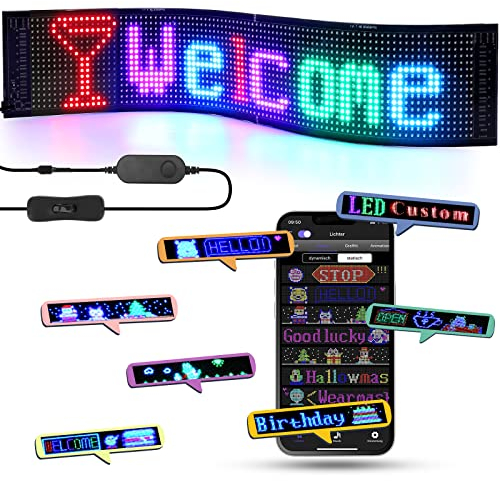 LED Laufschrift, 68x12cm Werbetafel für außen LED Anzeigetafel, LED Schild Personalisiert unterstützt Digital, Text, Graffiti, Animation Display, Smart APP Steuerung, USB Betriebene