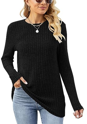 Famulily Ladies Long Sleeve Tops Autumn Plain Casual Loose Crew Neck Jumpers for Women UK Size 14 Black L