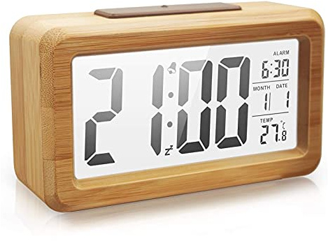 Réveil numérique Réveil de l'électronique en bois avec rétroéclairage clair, Smart Sensor Night Light avec snooze, Date, Température, coquille de chêne massif, pile exploité ( Color : Light Yellow )