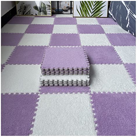 12 Stück Ineinandergreifende Teppichfliesen, Quadratisches Plüsch-Schaumstoff-Fußmatten-Set, Puzzle-Bodenmatte Für Wohnzimmer, Schlafzimmer, 12 Fliesen/12 Sq.Ft(Color:Lila+Weiß)