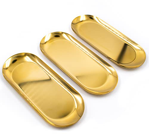 3 Pièces Plateau de Rangemen Doré Acier Inoxydable Plateau Ovale Plateaux Porte Bijoux Dessert Bougie Grand Assiette à Vaisselle pour Gâteau Couleur Or 22x9x1cm