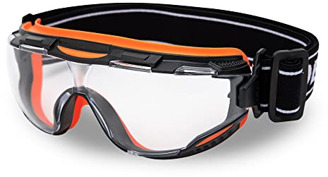DEX FIT Schutzbrille SG220, Anti-Beschlag, Kratzfest, Z87 Augenschutz, Laborbrille, Verstellbare Vollsichtschutzbrille (Schwarzer & Oranger Rahmen, Klare Schutzscheibe, mit 30 cm Band)
