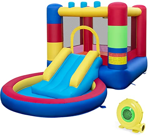 GOPLUS Aufblasbare Kinderhüpfburg, Hüpfschloss mit Sprungbereich Rutsche Ballbecken, Niedliche Hüpfburg für Indoor Outdoor, mit Tragetasche, für 2 Kinder von 3 bis 10 Jahren (Puzzle, Mit Gebläse)