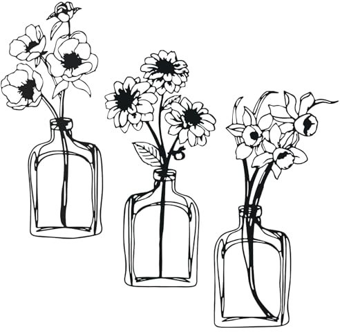 SEGNAYEN Metal Flowers Wall Art Décor, 3 Pieces Minimalist Floral Wall Art for Indoor Bathroom Kitchen Bedroom Living Room, Black Flower in Vase Wire Wall Hanging Decoration for Outdoor Patio Balcony
