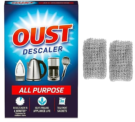 Oust Descaler Sachets with 2 Kettle Descaler Balls, Limescale Remover Kit | 3 appliance descaling sachets plus reusable stainless steel kettle scale reducers
