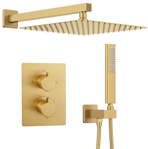 Iriber Thermostatic Shower System Wall Mount with 12 Inch Rainfall Shower Head and Handheld Bathroom Champagne Bronze Shower Set Contain Shower Faucet Mixer Trim Kit (Valve Included),Brushed Gold