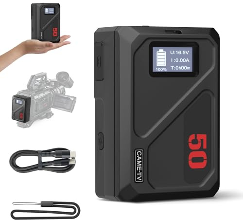 Came-TV MINI50C V-Mount Batería 3450mAh 50Wh 14.4V, V Lock Batería con 45W PD Tipo C Carga Rápida 1 Hora/D Tap/USB A/12V DC/8.4V DC/BP/Pantalla OLED para Cámara Luz LED Drones Videocámara