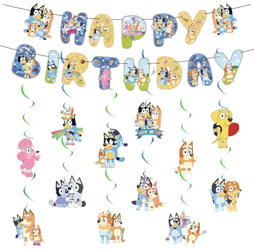 bly 14PCS Bluey Geburtstagsdeko, Bunting Girlande und hängende Dekoration, Happy Birthday Banner Dekorationen, Gute zum Geburtstag Banner Dekorationen, Bluey Thema für Kinder Geburtstag Party