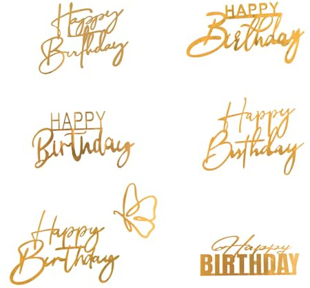 Tabanzhe 6 PCS Glitter Happy Birthday Cake Toppers,Side Mirror Acrylic Cake Decorations,Cake Decorating Toppers Happy Birthday Sign for Birthday Wedding DIY Cake Party Supplies