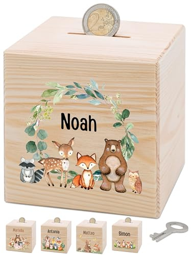 Bärenfreunde® - Personalisierte Spardose Kinder aus Holz mit Metallschloss - Spardose mit Namen mit kinderfreundlichem UV-Druck zum Sparen für Kinderträume (Tiere grüner Kranz)
