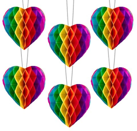 6 bolas de papel arcoíris con forma de panal, decoraciones del día del orgullo, pompones colgantes de corazón para fiestas gay LGBT, celebraciones, suministros de decoración de boda (6 pulgadas)