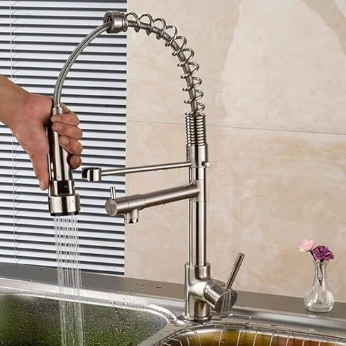 Kitchen Sink Faucet for Bar Farmhouse Commercial, Black Brass Spring Type Kitchen Faucets,Fixed Support 360 Rotate Kitchen Button Dual Spout Crane Sink Mixer Taps ( Color : Brushed Nickel , Size : Wit