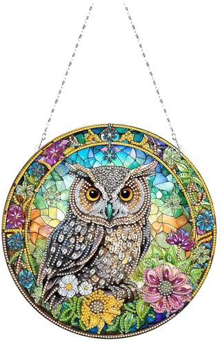 CXINLky DIY Diamond Painting Pendentif avec chaîne, peinture diamant, images de fenêtre, peinture diamant créative 5D, kit de décoration murale pour fenêtre, mur, entrée, jardin, décoration de hibou