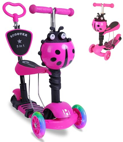 Habib 5-in-1 Kinderroller mit Rückenlehne für Jungen und Mädchen - Abnehmbarer Sitz, LED-Räder, Höheverstellbarer Lenker, Tretroller - Kinder Roller Outdoor Spiel, für 2-8 Jahre Kinder - Rosa