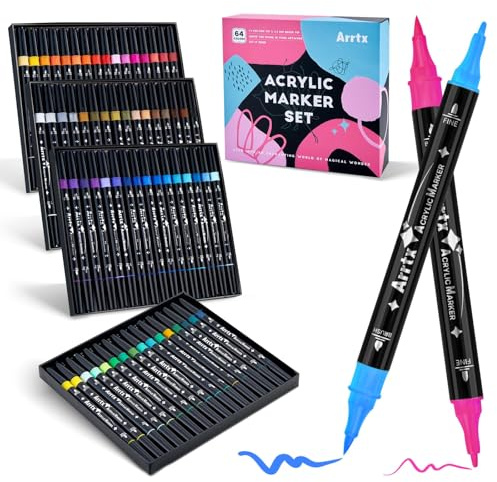 Arrtx Acrylfarben-Marker, 64 Farben, Doppelspitze, Acrylfarbstifte mit feiner Spitze und Pinselspitze, Kunstbedarf für Steinmalerei, Holz, Keramik, Stoff, Glas, Kartenherstellung, DIY Handwerk
