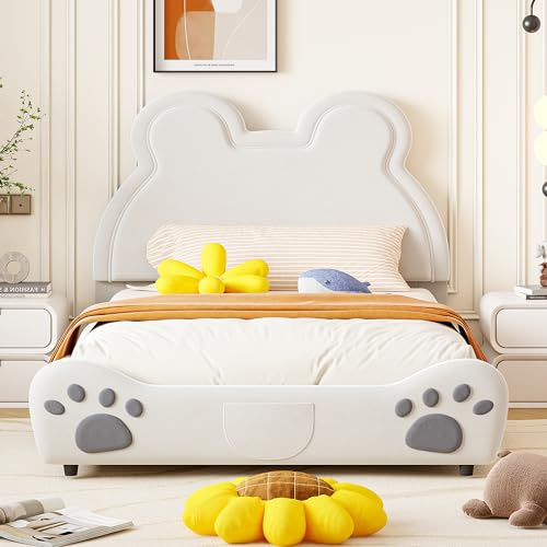 MQLAE Kinderbett Polsterbett 140x200 mit Lattenrost, Bett für Mädchen & Jungen, Cartoon Bärenform Kinderbett, Doppelbett Bettgestell Jugendbett Bettrahmen, Bett aus hautfreundlichem Samt, Weiß