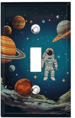 Outer Space Rocket Astronaut 1-Gang Light Switch Cover Wall Plates Single Toggle Switch Plate Decorative Metal Wall Plate For Kitchen Farmhouse Bedroom Bathroom Art Decor