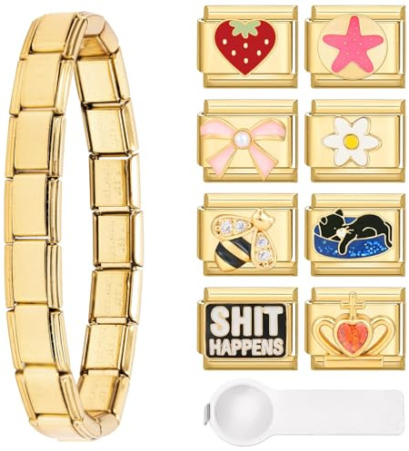 Kunoli Italian Charm Bracelet Gold, 8 Italian Charms Gold Charm Bracelet Set, DIY 9mm Abnehmbar Module für Italienische Armbänder, Italian Charm Bracelet Charms für Damen Mädchen