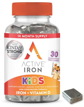 Active Iron Supplement 7 mg + Vitamin D for Kids – Increases Iron & Energy Levels – Gentle, Non-Constipating Blackcurrant Chews – Highly Absorbed – Supports Growth & Immune Health – 30 Chews