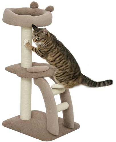 PawHut Árbol Rascador para Gatos Altura 88 cm Con Nido, Plataformas, Bola Colgante, Escalera y Poste de Sisal Café