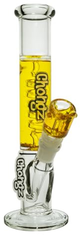 Chongz 25cm 4mm Banana Liquid Filled Waterpipe bong. Gold accent Chongz Logo, 14mm liquid filled bowl, 18.8mm diffusor stem, and glass cooling spiral, refrigerate for cooling effect. (Yellow)