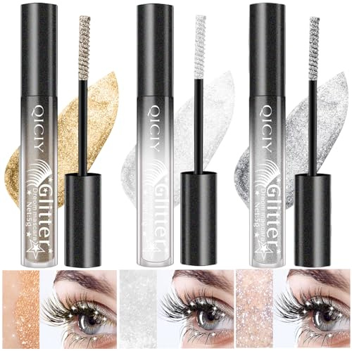 3er-Set Glitzer Mascara, Glitzer Wimperntusche Weiß Silber Champagner, Langlebige Volumizing Curling Verlängerung Wimpern, Wasserfest Schimmern Augen Makeup Set für Frauen Karneval Partys Foto