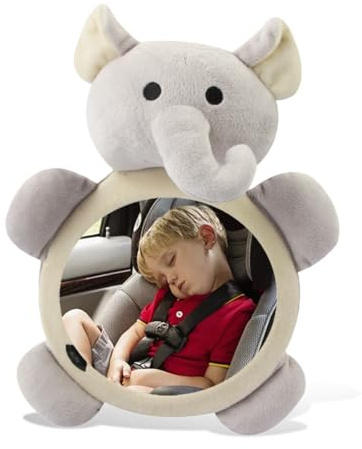DUSCOKE Rear Facing Baby Car Mirror, Plush Cute Wide View Vehicle Backseat Viewer, Shake-proof Baby in Sight Carseat Mirrors, Cartoon Animal Shatterproof Safety Observation Rearview Mirror (Elephant)