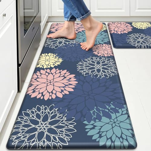 StepLively Kitchen Mats, 2 PCS Cushioned Anti-Fatigue Floral Pattern, Oeko-TEX Certified Washable Non-Slip Standing Mats for Kitchen, Office, Sink & Laundry (17.3x30+17.3x47, Blue)