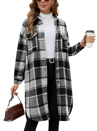 Tuopuda Camicia Scozzese da Donna Giacca Casual Camicia Oversize Flanella Manica Lunga Camicetta Classico Shirt con Bottoni(Nero,M)
