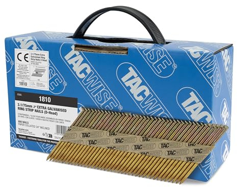 Tacwise 1810 Clavos para Enmarcado 3,1/75 mm, Extra Galvanizados, 800 | Paquete de 800 Clavos Cabeza a 'D', Vástago Anillado Inclinado a 34°, en Cintas de Papel