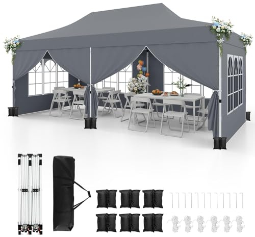 FANTASK Faltpavillon mit Tragetasche, Partyzelt, Gartenpavillon mit mit 6 abnehmbaren Seitenwänden & Sandsäcke, stabil, wasserabweisend, Winterfest, UV-Schutz 50+ (Grau)